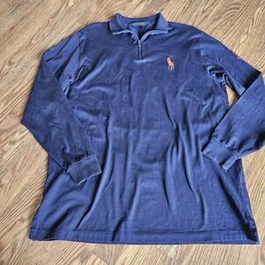 Ralph Lauren Golf Polo T Shirt Long Sleeve Navy Blue Cotton Red Pony Larg Embroi